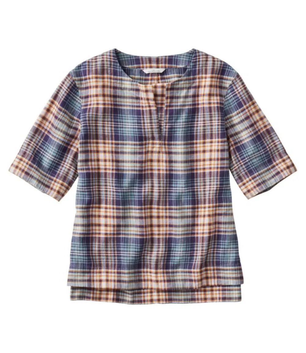 "Women's Signature Linen-Blend Splitneck Shirt, Short-Sleeve"-L.L.Bean Outlet