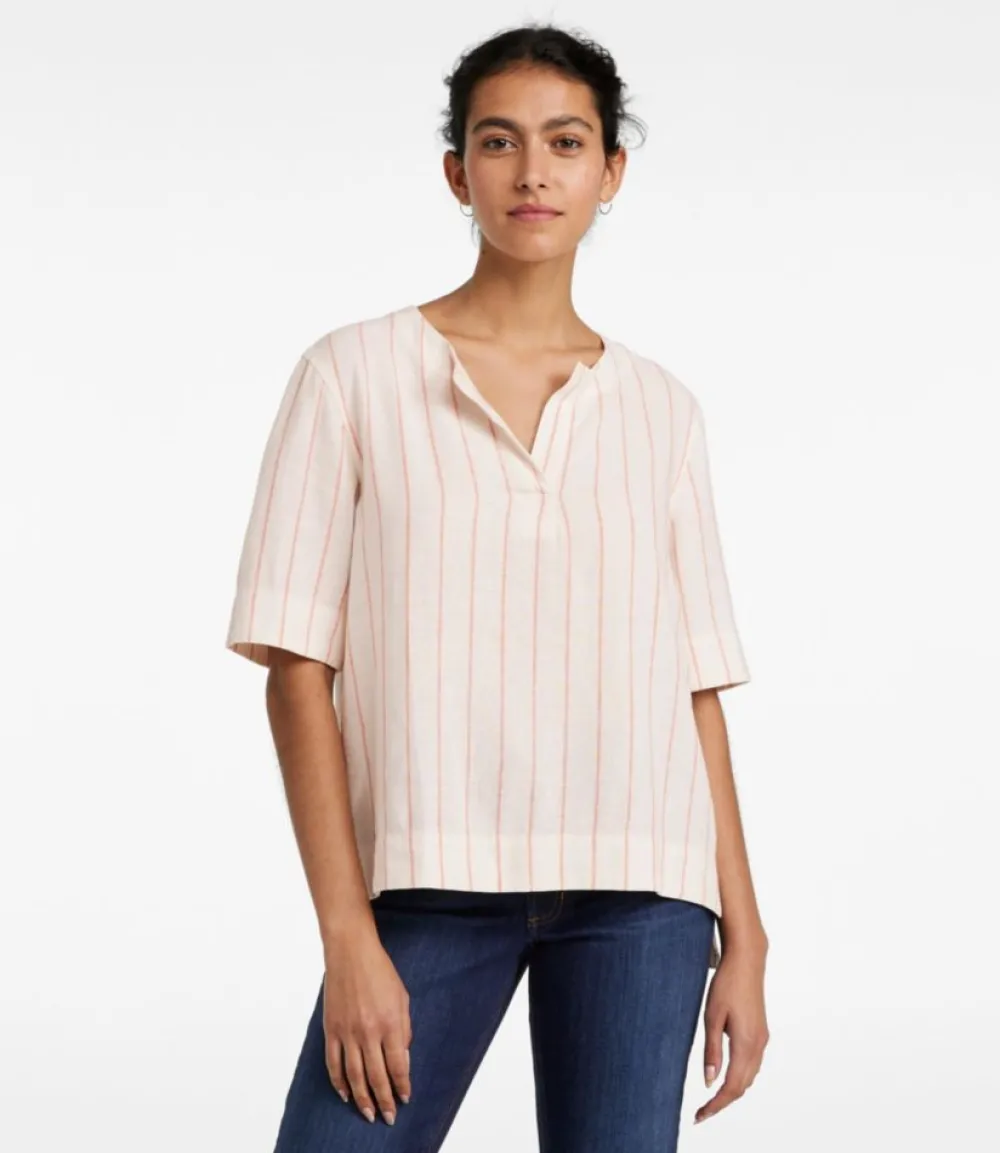 "Women's Signature Linen-Blend Splitneck Shirt, Short-Sleeve"-L.L.Bean Outlet